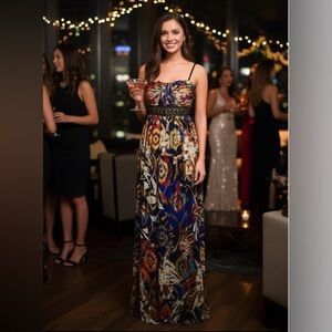 Oleg Cassini Silk Strap/Strapless Dress with Black and Gold Accents, size 8